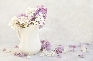 Spring blossoming lilac flowers posy, pastel and soft vintage card	