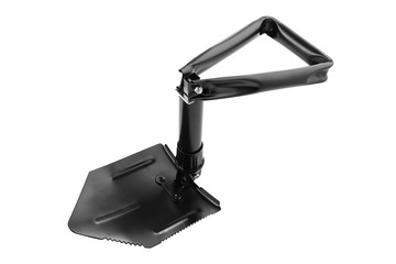 universal folding camping shovel, small black shovel, on a white background, isolate
