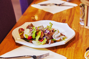 Beef salad served in restaurant