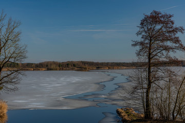 Nice sunny winter day near Rozmberk pond in south Bohemia