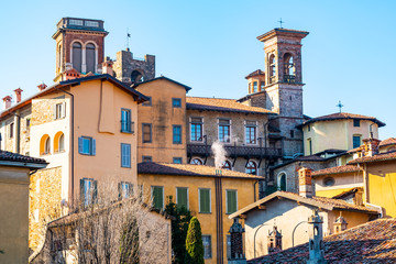 Fototapeta na wymiar Landmarks of Italy - beautiful medieval town Bergamo, Citta Alta from viewpoint, Lombardy, Italy, Europe