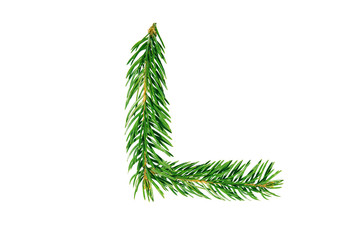 Letter L, English alphabet, collected from Christmas tree branches, green fir. Isolated on white background. Concept: ABC, design, logo, title, text, word