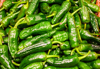 Vegetables in supermarket. Hot green pepper in a basket. Bright colors. Spices, natural product. Background.