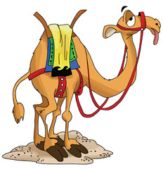 Cartoon camel waiting for his rider exhausted vector illustration