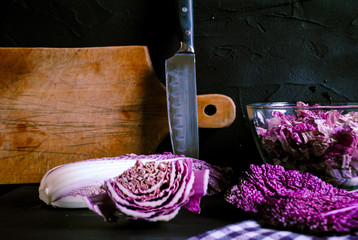 Purple chinese cabbage on the table, cooking.
