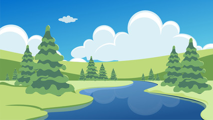 Fototapeta na wymiar Spring or summer landscape with green meadows, clouds, trees, river and blue sky. Vector cartoon image of nature.