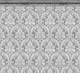 Elegant Wall of Gray Damask Wallpaper With Ornate Molding