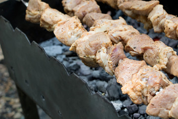 Grilled kebab cooking on metal skewer. Roasted meat cooked at barbecue. Traditional eastern dish, shish kebab.  Grill on charcoal and flame, picnic, street food