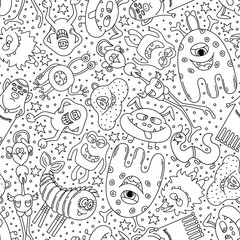 Monsters seamless pattern. Hand drawn Doodle monsters on white background. Black and white vector illustration.
