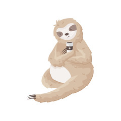 Lazy sloth holds cup of coffee, sitting on the ground. Cheerful morning concept