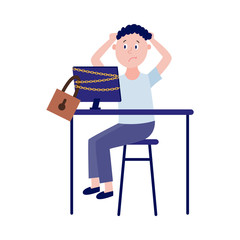 Fototapeta premium Upset boy sitting at table with chain-bound and locked computer monitor in flat isolated vector illustration.