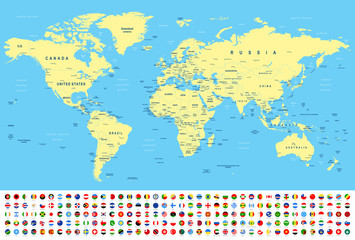 Fototapeta na wymiar World Map and Flags - borders, countries and cities -illustration