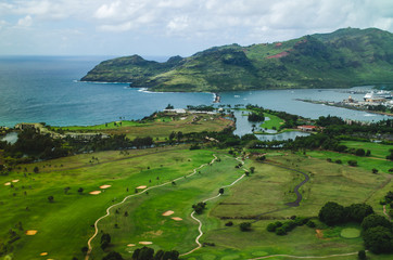 Aerial view of a golf field in the coast of Kauai, US