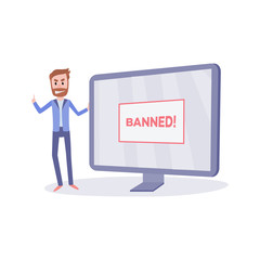 Blocked access to web pages concept - young bearded man near computer monitor with idea how to bypass internet ban.