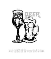 Set of beer objects. Hand drawn vector illustration. Vector set of craft beer bottles in ink hand drawn style.