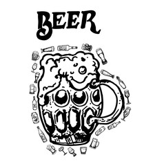 Set of beer objects. Hand drawn vector illustration. Vector set of craft beer bottles in ink hand drawn style.