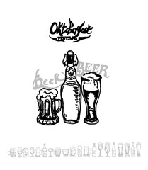 Set of beer objects. Hand drawn vector illustration. Vector set of craft beer bottles in ink hand drawn style.