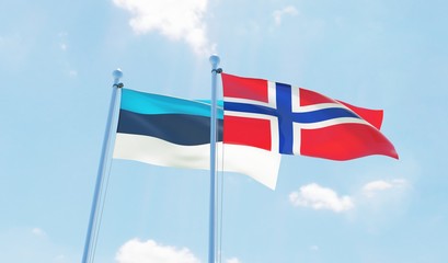 Norway and Estonia, two flags waving against blue sky. 3d image