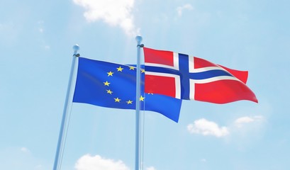 Norway and European Union, two flags waving against blue sky. 3d image