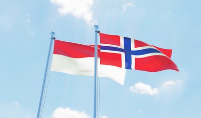 Norway and Indonesia, two flags waving against blue sky. 3d image