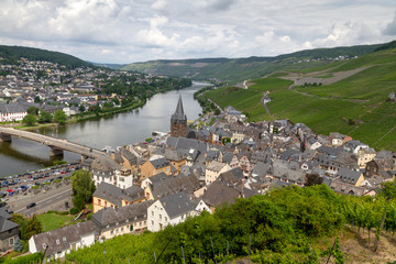 The Mosel valley from top of the Mosel valley bridge close to Winningen in Germany