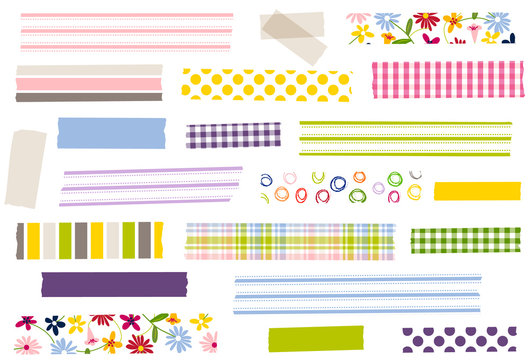 Collection of washi tape strips in spring colors. Semi-transparent masking tape or adhesive strips for frames, borders, photos, scrapbooking etc. Flower, stripe, polka dot, plaid and gingham strips.
