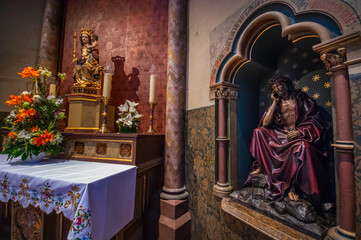 Trier / Germany - February 9 / 2019 : A statue of Jesus and Mother Mary at interior of church of our lady aka Liebfrauen Kirche