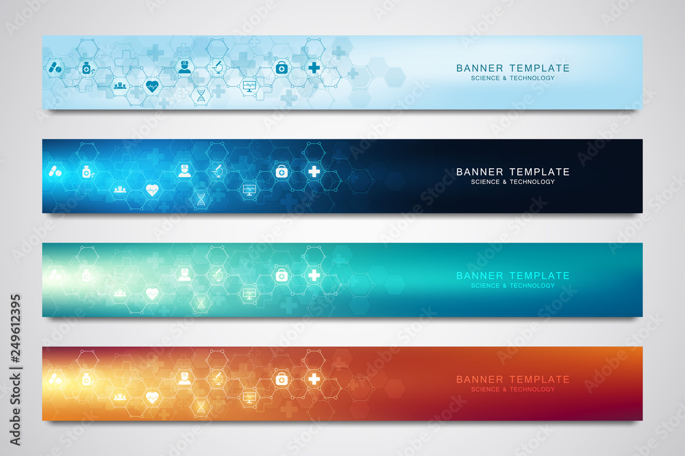 Wall mural banners design template with hexagons pattern and medical icons. healthcare, science and technology 