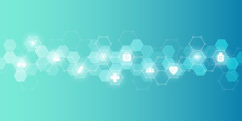 Healthcare medical and science background with icons and symbols. Innovation technology concept.