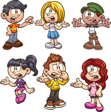 Cartoon kids talking and asking questions clip art. Vector illustration with simple gradients. Each on a separate layer. 