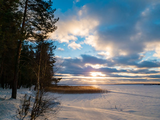 sunset in the forest. Clouds over the forest in winter.