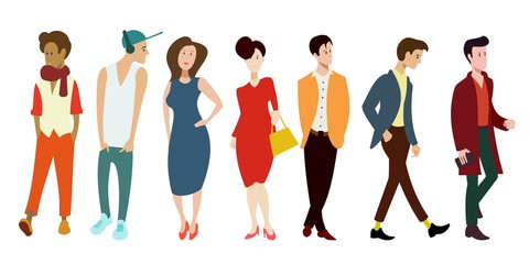 people of different sexes standing in different poses in full growth set