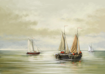 Paintings sea landscape, sailing ship in the sea. Fine art