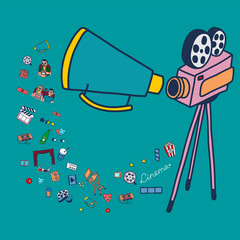 Cartoon cute hand drawn Cinema. Colorful detailed, with lots of objects background. Doodle Set. Hand drawn cinema icons doodle set.