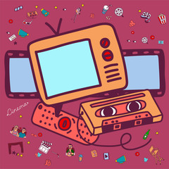 Cartoon cute hand drawn Cinema. Colorful detailed, with lots of objects background. Doodle Set. Hand drawn cinema icons doodle set.
