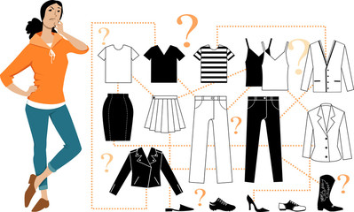 Woman standing in front of a scheme of minimalist combination basic pieces of clothing into outfits, EPS 8 vector illustration	