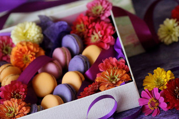 Macaron cookies colorful sweet pastry in present box
