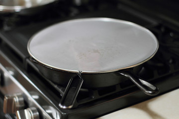Splatter screen on cast iron pan to prevent grease mess on the stove.
