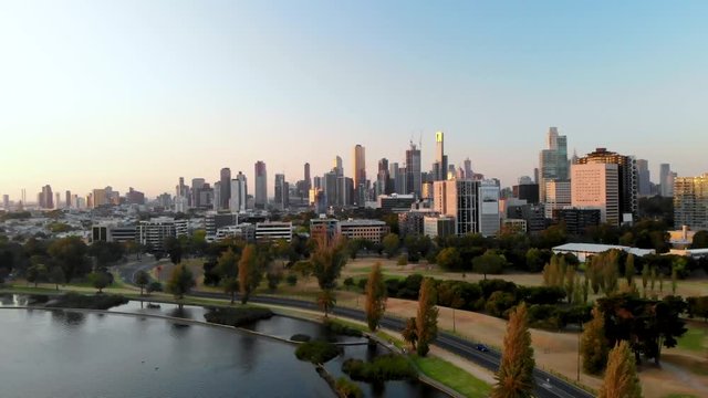 Aerial View of Melbourne City and Albert Park Lake, Australia