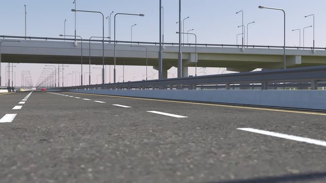 3d animation of an electric Tesla model 3 self driving on highway