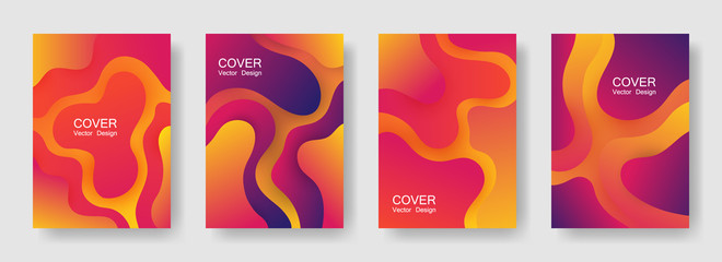 Gradient liquid shapes abstract covers vector set. Futuristic brochure backgrounds design. Flux paper cut effect blob elements pattern, fluid wavy shapes texture print. Cover layouts.