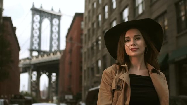 Attractive Woman Posing Near The Brooklyn Bridge.
