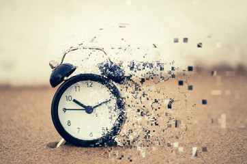 Pixelated effect of clock face over beach background and sandy beach for time management concept - obrazy, fototapety, plakaty