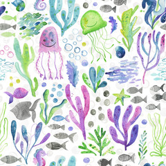 Watercolor Sea Life. Cute beautiful hand drawn  water color seamless pattern background