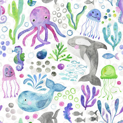 Watercolor Sea Life. Cute beautiful hand drawn  water color seamless pattern background