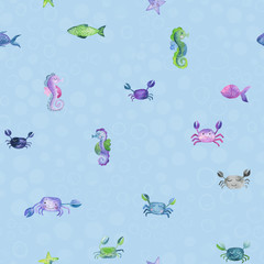 Watercolor Sea Life. Cute beautiful hand drawn  water color seamless pattern background