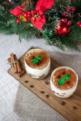  Classic Tiramisu in a glass cup. Italian tiramisu cake.