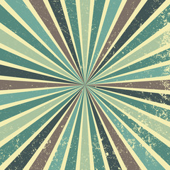 Retro-Sunburst-Hintergrund-Vektormuster mit einer Vintage-Farbpalette von Blau, Grün, Braun und Beige in einem gestreiften Design mit Textur-Grunge © Arlenta Apostrophe