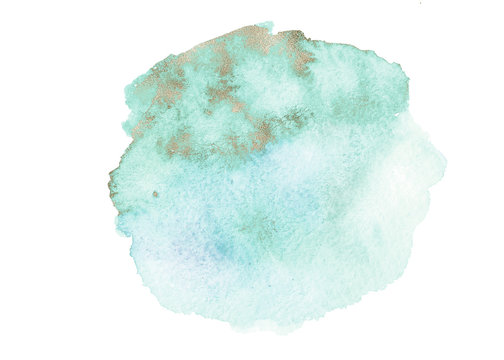 Watercolor Textured Circle / Blot - Round Turquoise Composition With Gold Brush Stroke. Unique Collection For Wedding Invites Decoration, Logo And Many Other Concept Ideas.