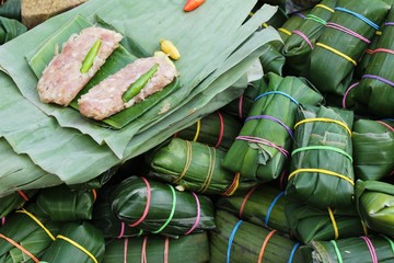 Sour pork wrapped in banana leaves delicious.